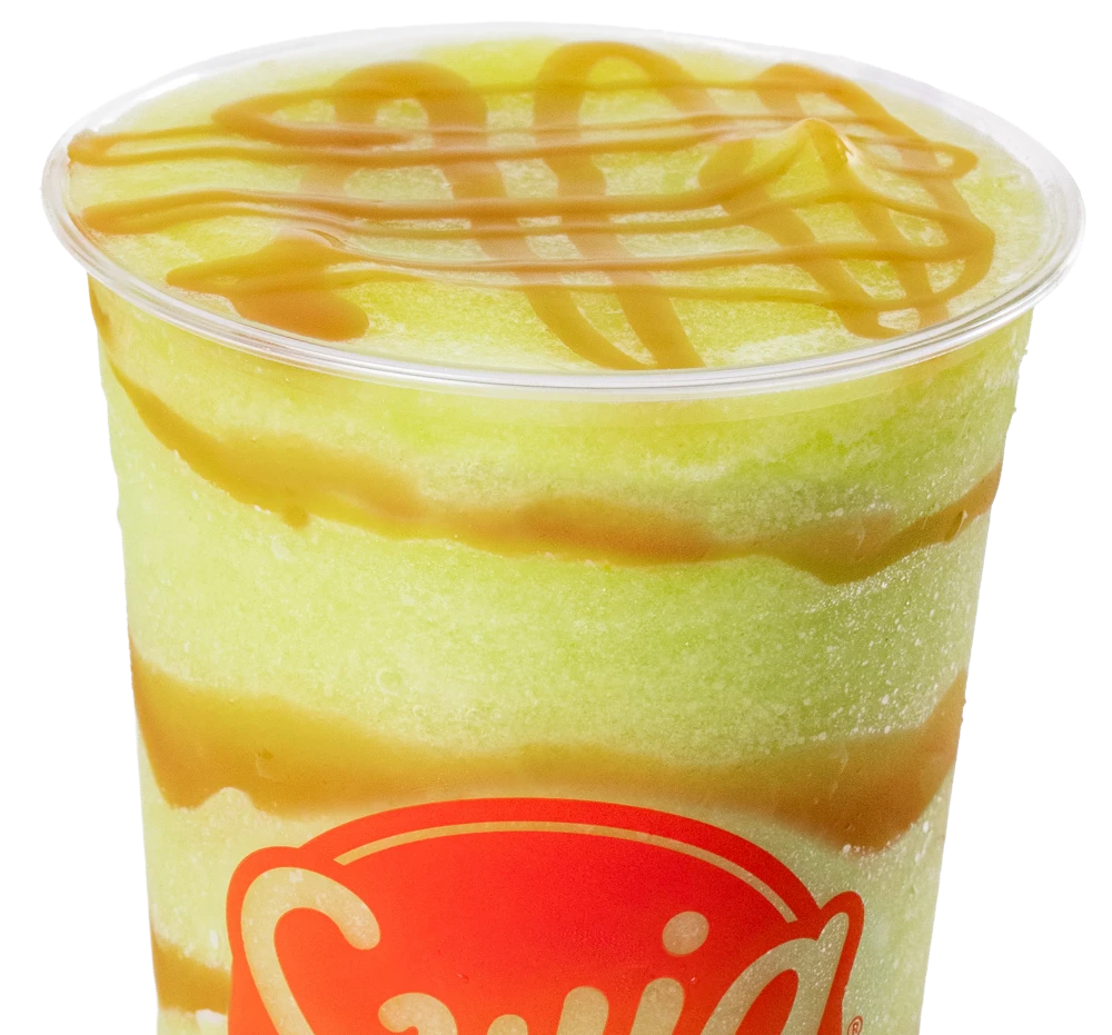 Caramel Apple: a bright green blended drink with caramel drizzle