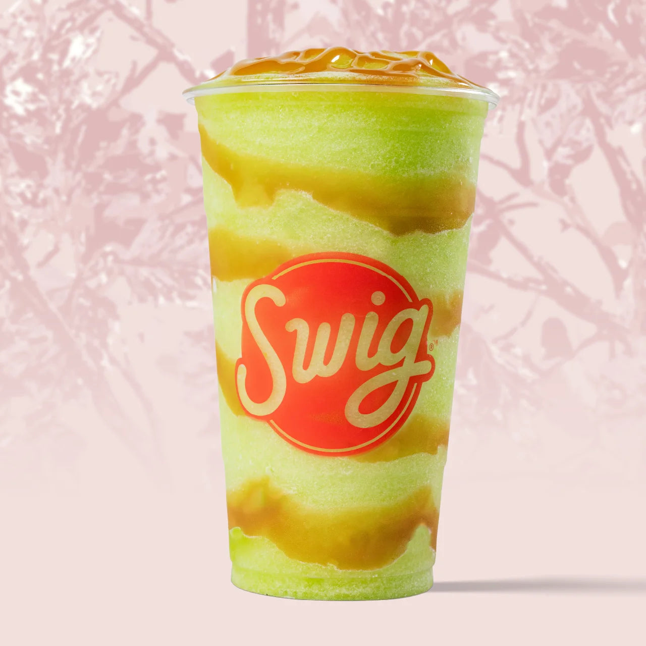 Caramel Apple: a bright green blended drink with caramel drizzle